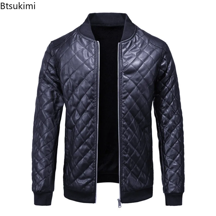 Men's Zipper Pocket Closure Hem Coats Autumn and Winter Casual Stand Collar Leather Jacket Machine Line Cotton Leather Jackets