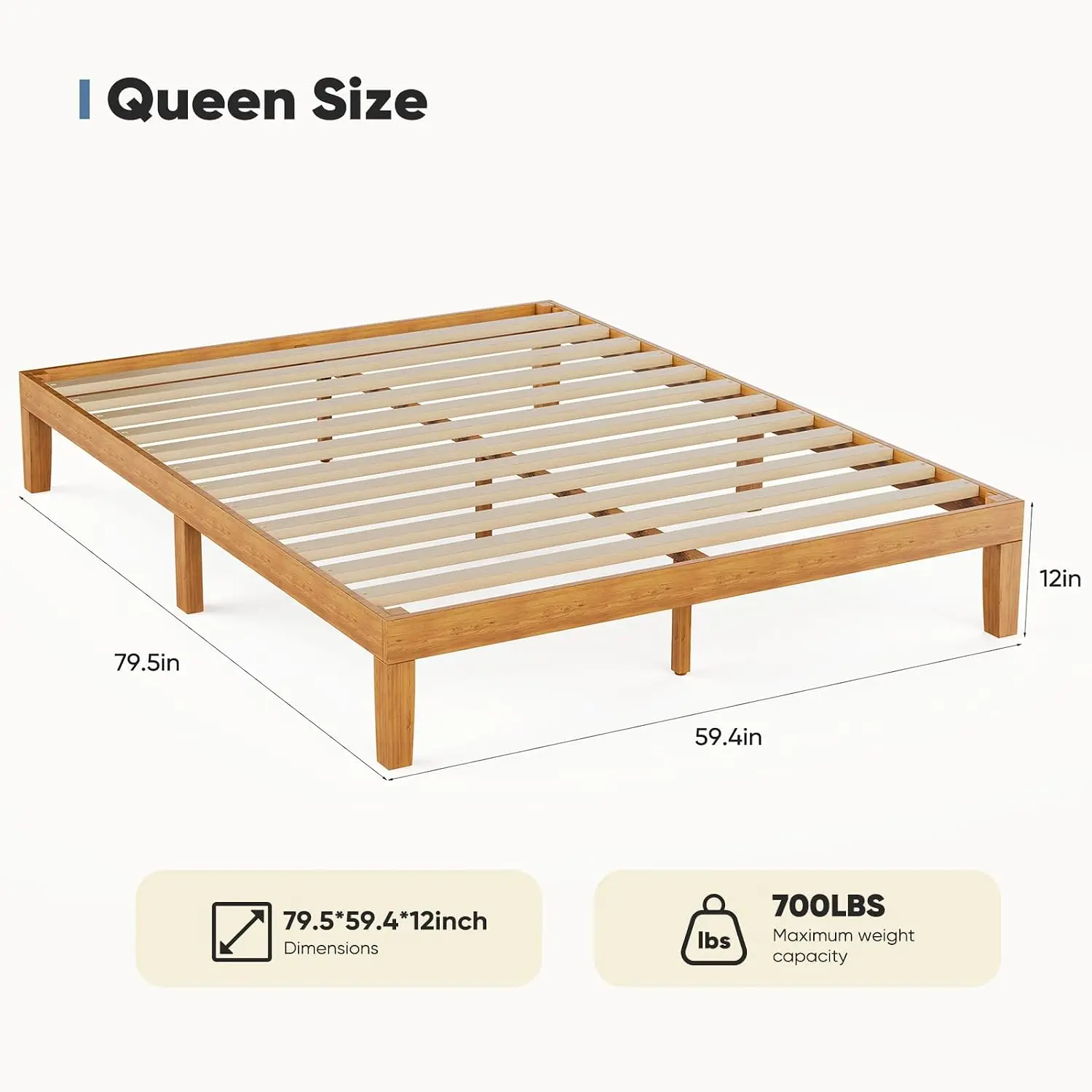 DUMOS Solid Wood Platform Queen Bed Frame, 12inch Wooden Mattress Foundation with Sturdy Wood Slat Support, No Box Spring Needed, Under Bed Storage, Natural Pine