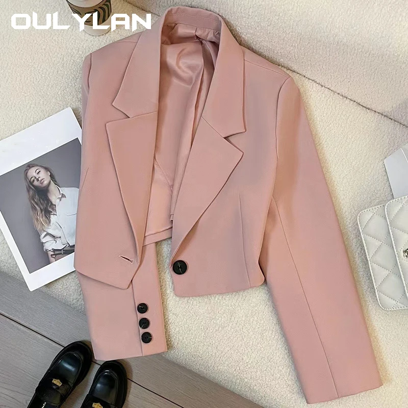 

Korean Fashion Cropped Blazers Jacket Women Long Sleeve Office Ladies Streetwear Solid Color Single Button Short Suit Coat New