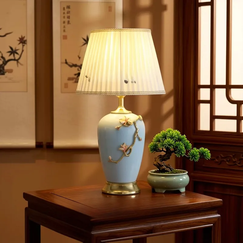 

New Chinese Style Ceramic Table Lamp LED Fabric Lampshade Living Room Bedroom Bedside Study Hotel Classical Household Desk Light