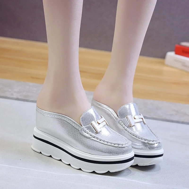 2022 Slides Platform Wedge Slippers Loafers Height Increasing Shoes Women Moccasin Mules Sandals for Women Summer Footwear White