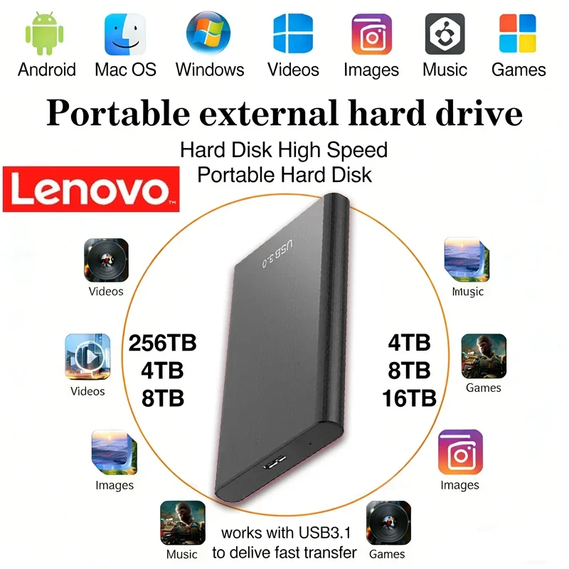 

Lenovo Portable SSD High-speed 2TB SSD 8TB 256TBExternal Hard Drive Mass Storage USB 3.0 Interface Storage for Laptops Computer