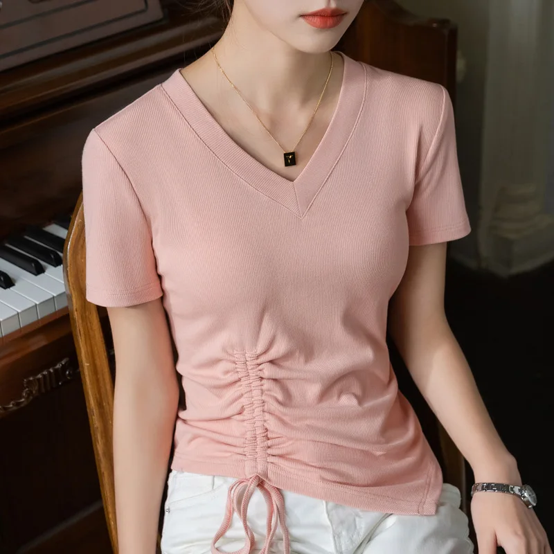 Boweylun 여성용 드로스트링 플리츠 반팔 티셔츠, 부드러운 통기성 와이드 사이드 스레드, V넥 허리 탑, 레트로 신상, 여름