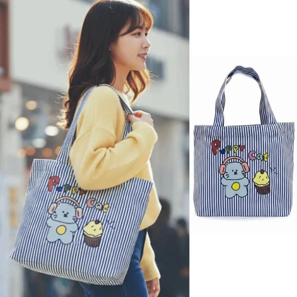 Cute Canvas Cat Paintings Handbags Large Capacity Casual Cartoon Canvas Bag Lightweight Shoulder Bag Students Casual