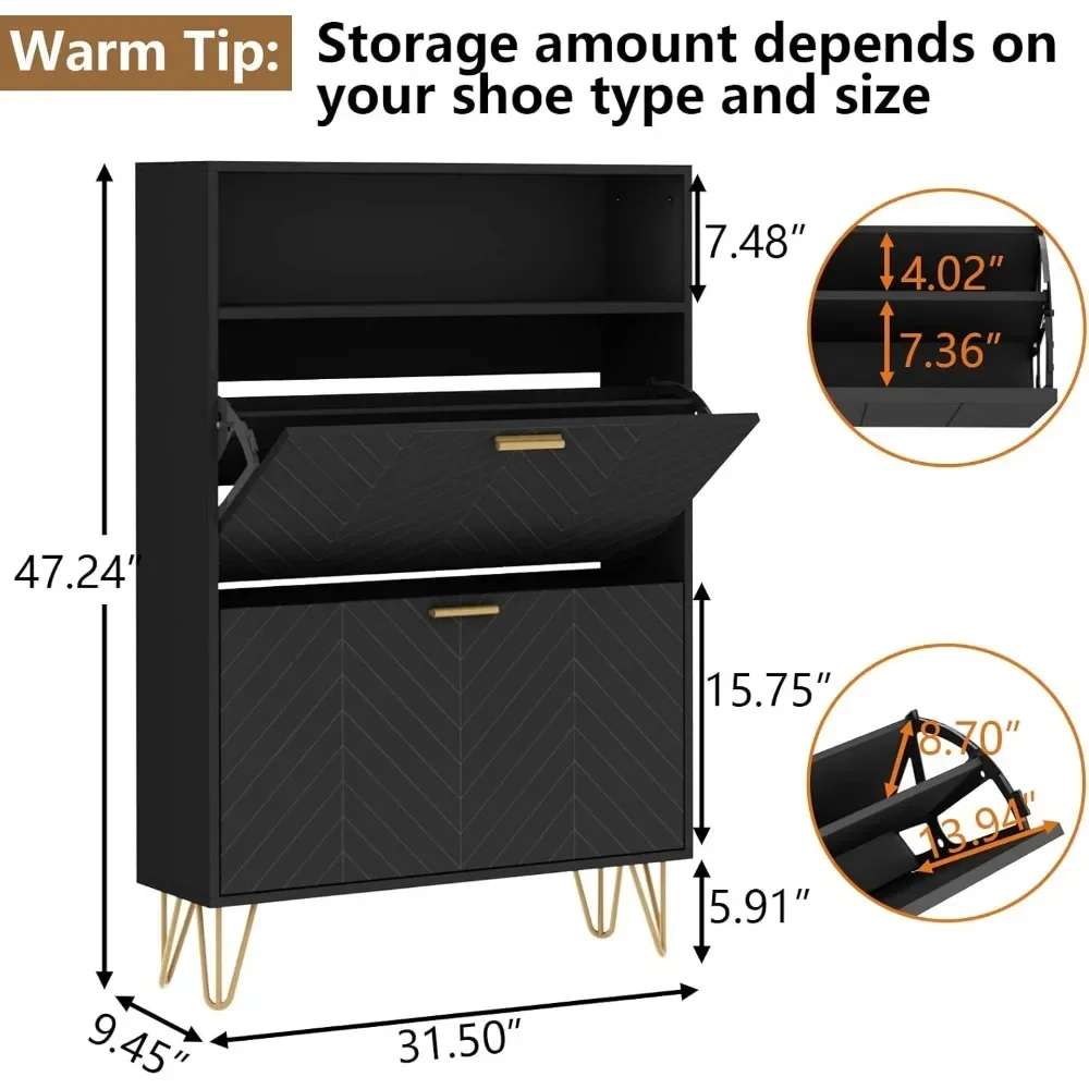 Tipping Bucket Shoe Storage Cabinet  Modern Entryway Shoe Rack with Storage Top Cubby, Narrow Slim Hidden Organizer with Doors