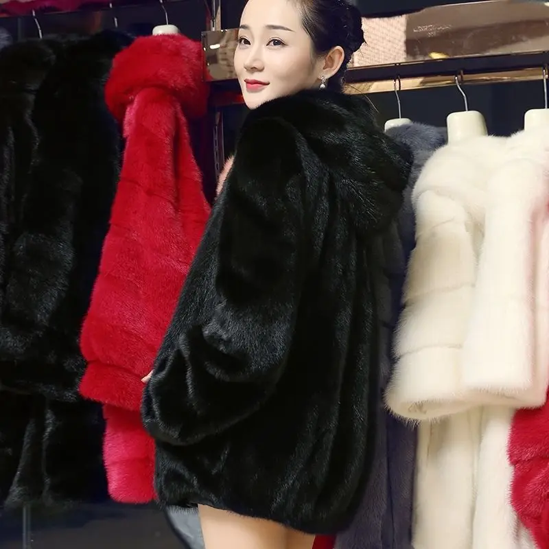 Faux Fur Coat for Women, Mid Length Version, Loose Hooded Outwear, Thicken Warm Imitation Mink Fur, Monochromatic Top, New, 2024