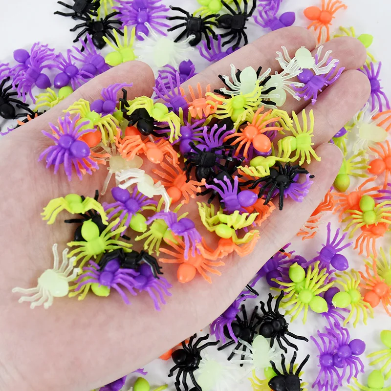 

200pcs Halloween Mini Plastic Spider Multicolor Joking Toys Spider Web Decoration Halloween Party Home Bar Haunted House Decor