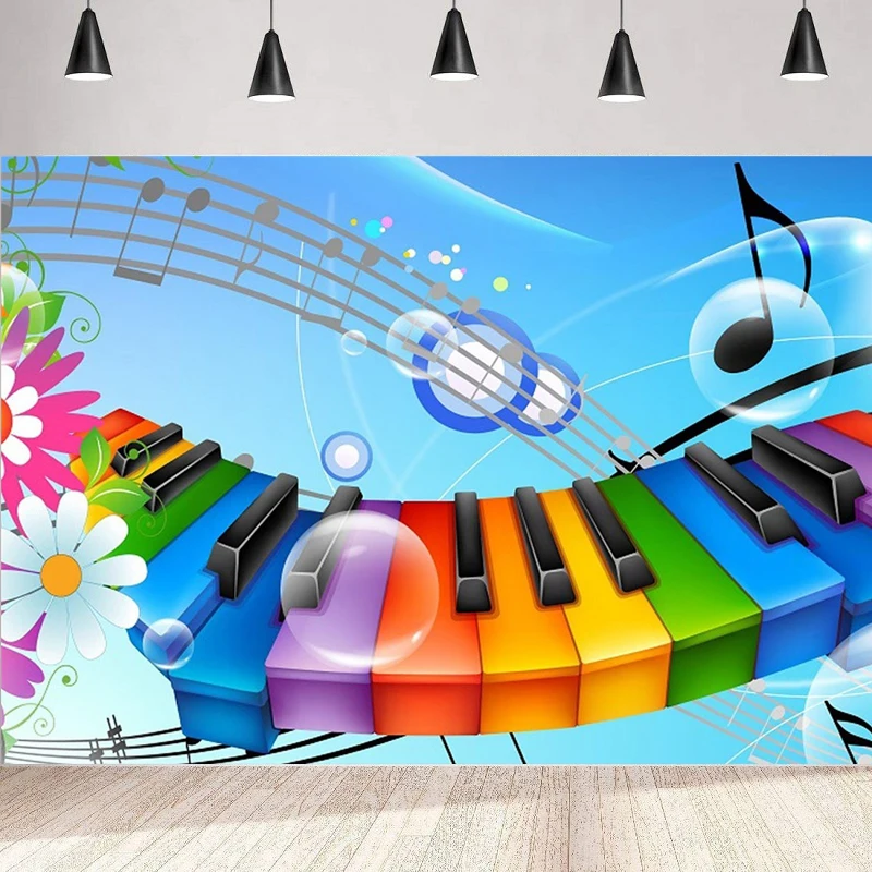 Photography Backdrop Grand Piano Colorful Keyboard Musical Notes Art Instrument Banner Home Wall Party Decor Background Poster