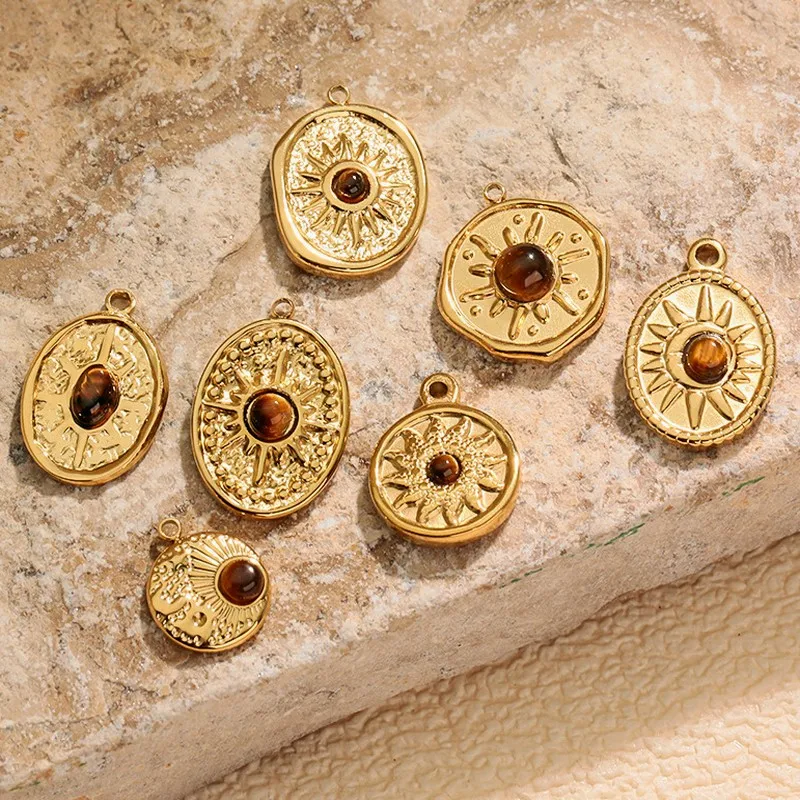 Hot Selling Stainless Steel Oval Eight Pointed Star Natural Tiger Eye Stone Pendant DIY Jewelry Accessory Wholesale for Women