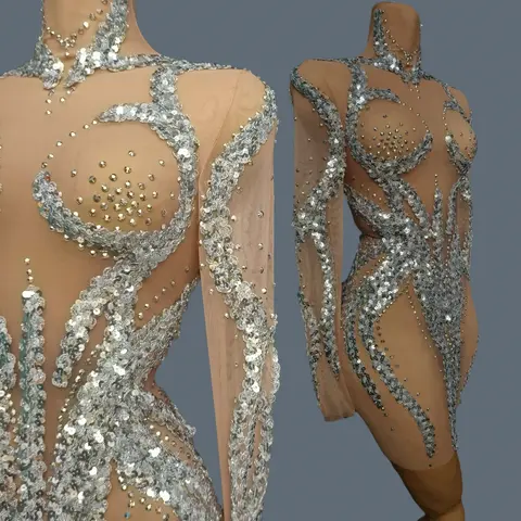 Spicy Girl Outfit Silver Rhinestone Sequins See Through Mesh Dress Bandage Event Stage Show Dance Wear Party Mini Dress Yuanhuan