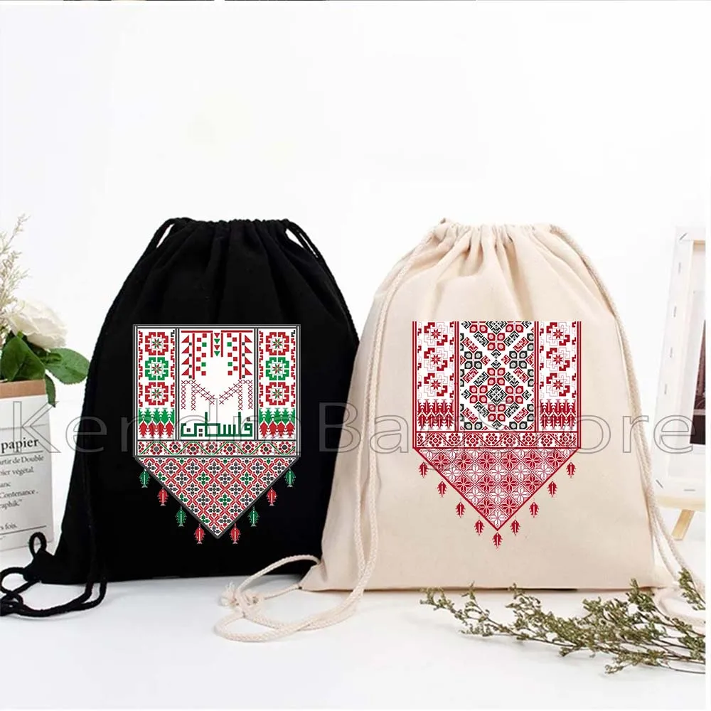 

Тренировочный рюкзак с арабской каллиграфией на шнурке, спортивный рюкзак для спортзала, палестинская народная вышивка, Tatreez, художественные холщовые сумки на шнурке