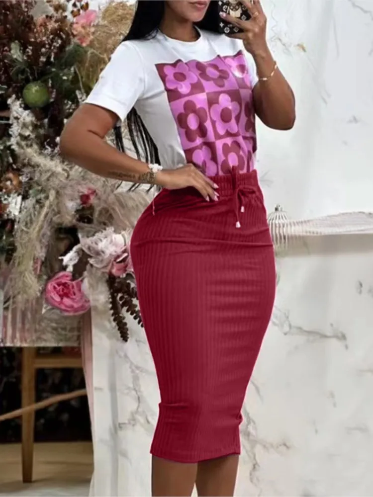 Casual Short Sleeve Tshirt Dress Set Office Lady Spring Summer Elegant Print Tops Solid Skirt Two Piece Set Women Outfit 2024 — zdjęcie 2