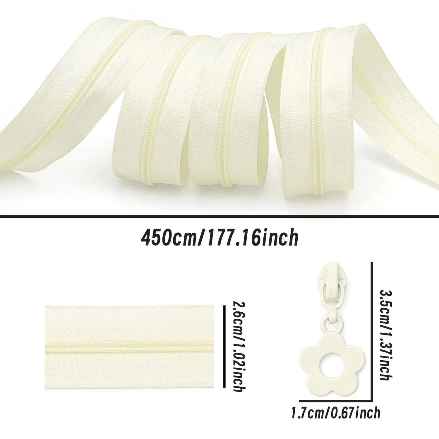 #3 Nylon Zipper 4.5 Meters and 10 Small Flower Zipper Pulls Suitable for DIY on Suitcases Bags and Pencil Cases