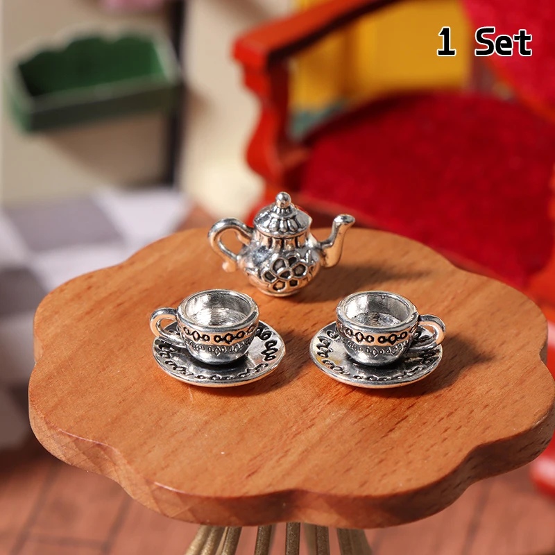 1Set 1:12 Dollhouse Miniature Metal Teapot Cup With Saucer Mini Tea Set Kitchen Tableware Decor Toy Model Doll House Accessories