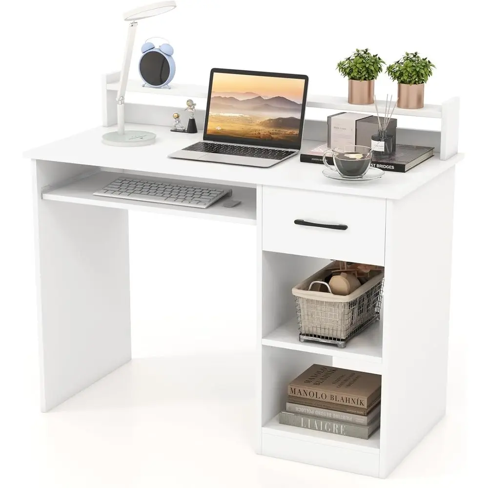

Computer Desk with Ders, Study Table with Storage Shelves, Keyboard Tray, Power Outlet, Wood Makeup Vanity Table, Small Desk or