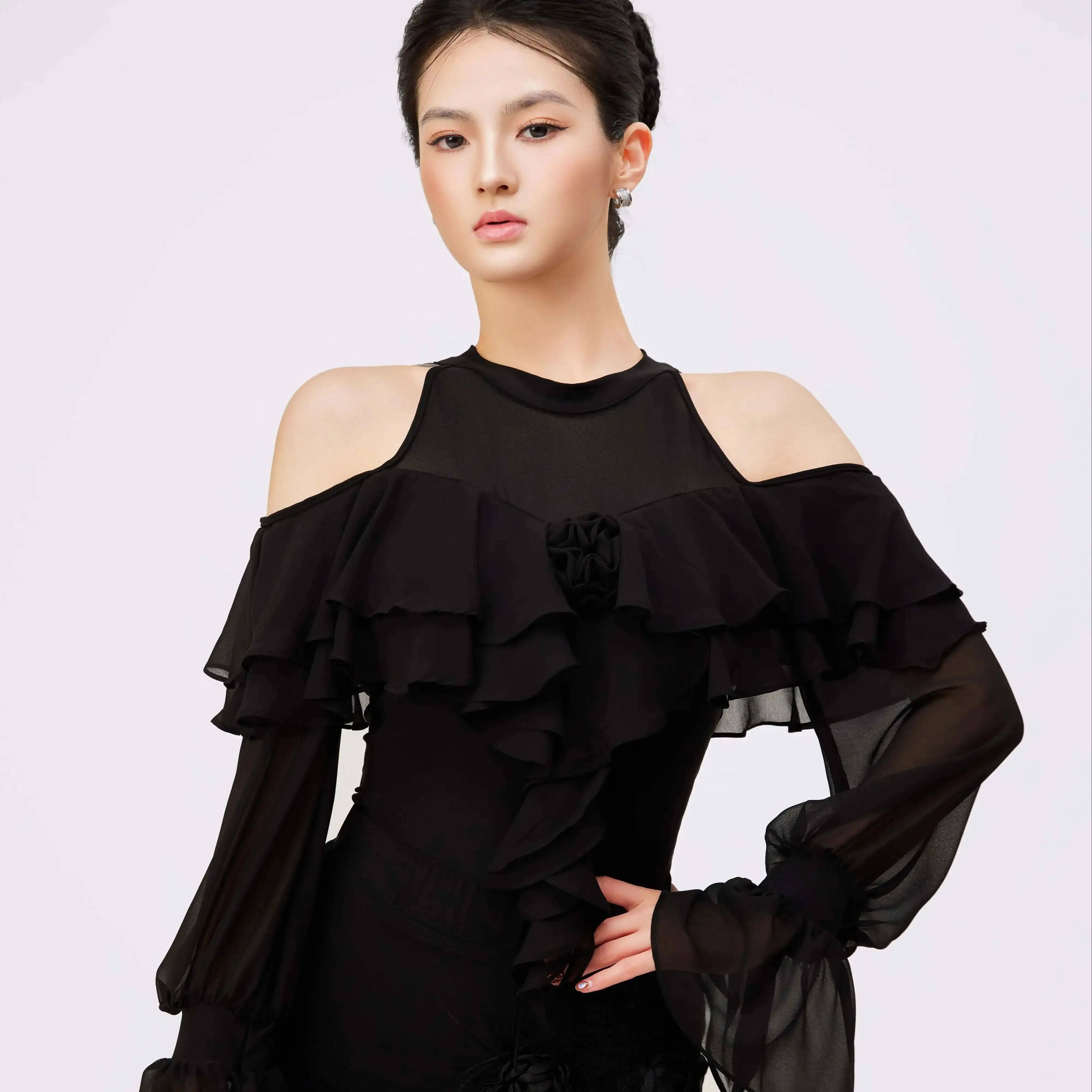 2025 女性オフショルダーメッシュジャンプスーツダンス衣装モダンダンス服チャチャタンゴラテン社交ダンス服 DN21915