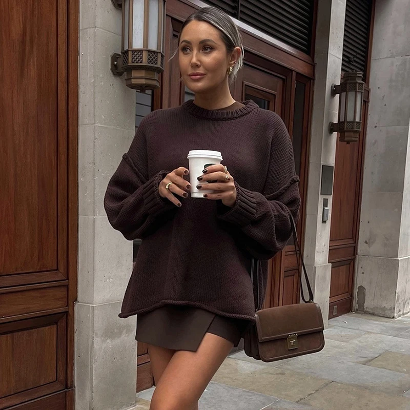 Ticketsx Solid Knitted Sweater Women's Long Sleeve O Neck Patchwork Oversize Top Female 2025 New Autumn Casual Pullover Sweater