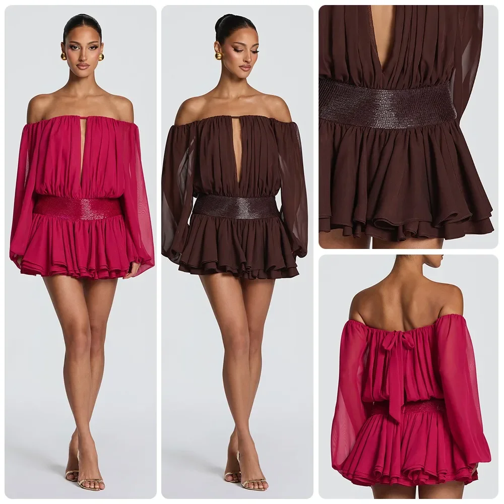 Women Shoulder Puff Long Sleeve Sequin Spliced Chiffon Mini Wide Waistband Back Tie Double Ruffle Dress European Party Dress