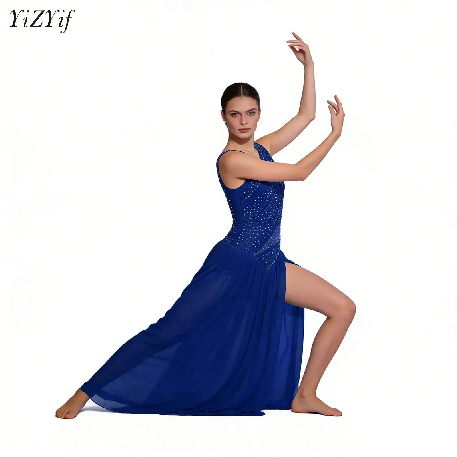 

Women Lyrical Dance Maxi Dress Rhinestone Asymmetrical Shoulders Ruche One Piece Leotard Dress Modern Ballet Contemporary Dance