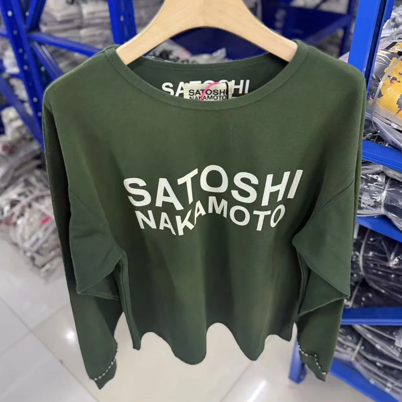 Army Green Waffle Texture Man Long Sleeve Base Tops Rhinestone Rivet Cuffs American Retro Casual Satoshi Nakamoto T-shirts