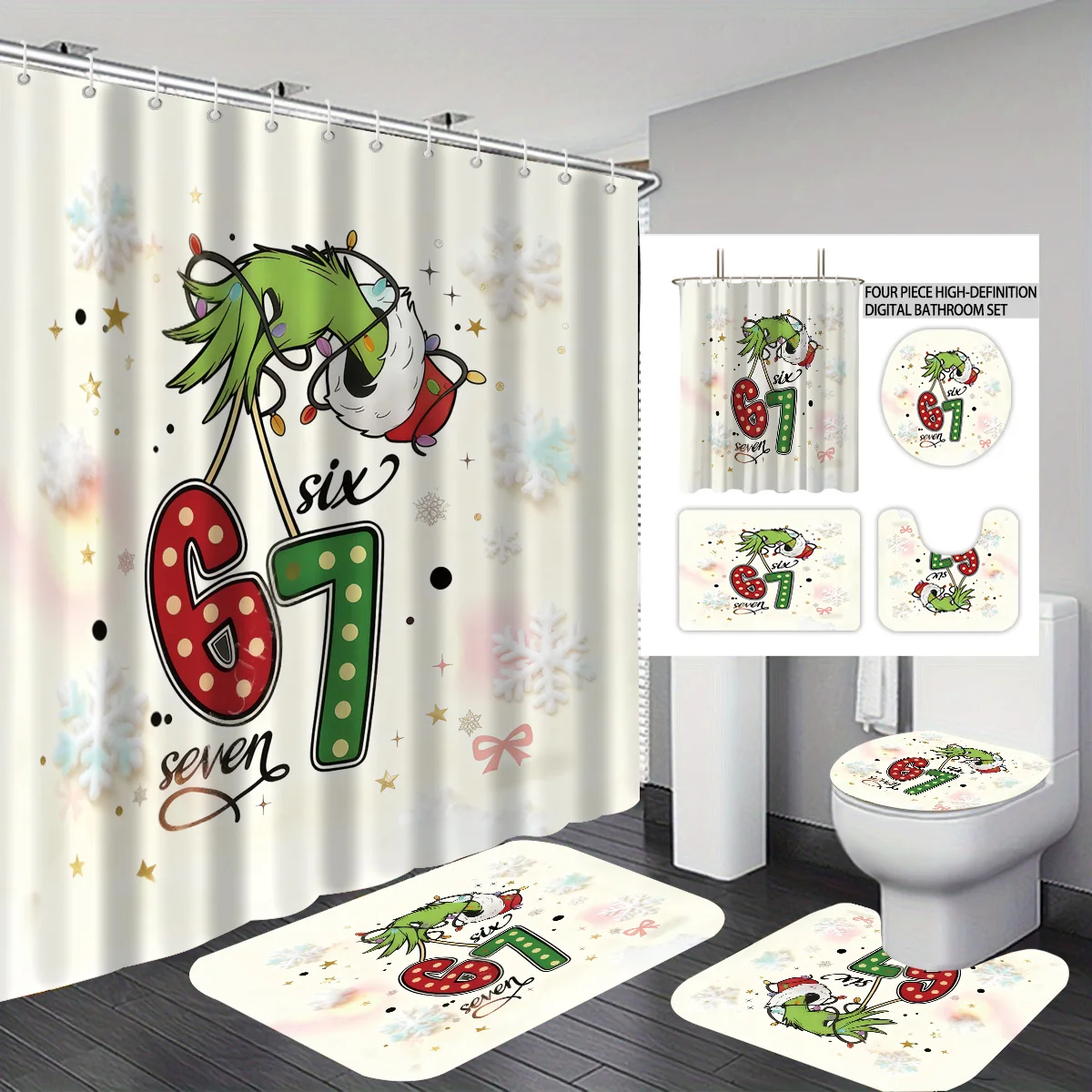

4 шт., рождественская 67-элементная водонепроницаемая занавеска для душа с принтом для ванной комнаты и 12 крючками для унитаза, U-образный напольный коврик