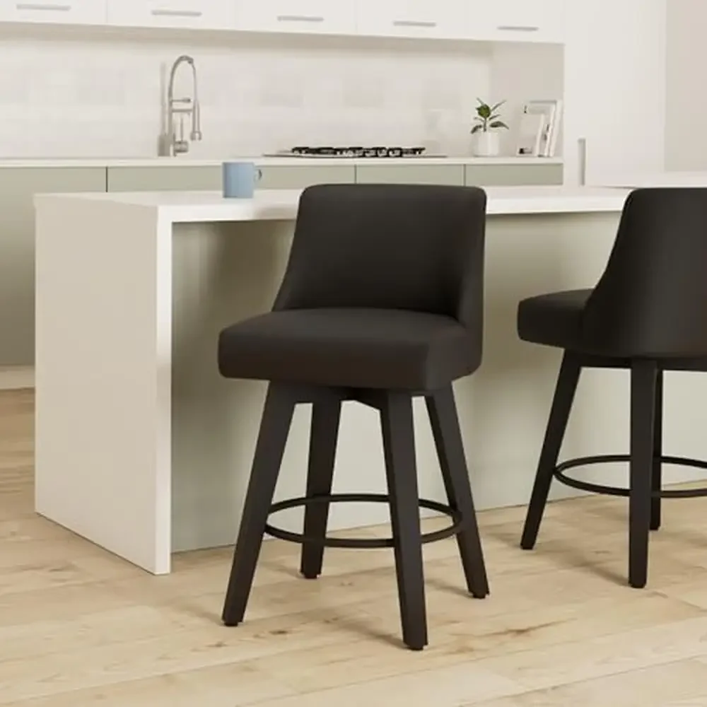 Modern Swivel Upholstered Bar Stools Set of 2 with Back Solid Wood Legs 26 Inch Seat Height Metal Elegant Design Optimal Comfort