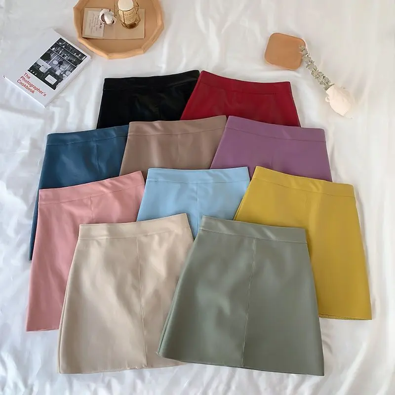 Solid Zipper Wrap Hip Leather Skirt Autumn Winter New Korean High Waist Mini Skirt Female Chic Sexy Club A-line Pu Skirts Women