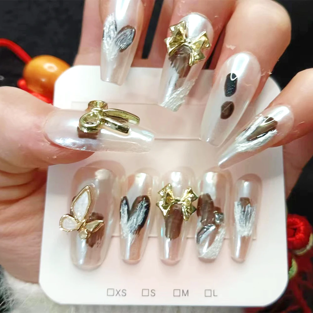 Reutilizável Handmade Chinese Knot Nails, Pressione nas unhas, Desenho de borboleta, Portrait Nail Tip, Celebração do casamento, Clássico