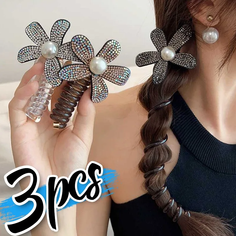 1/3Pcs Cute Flower Telephone Line Hair Rope Girls Sweet Rhinestones Hair Band for Women Ponytail Holder Fashion Spiral Headbands