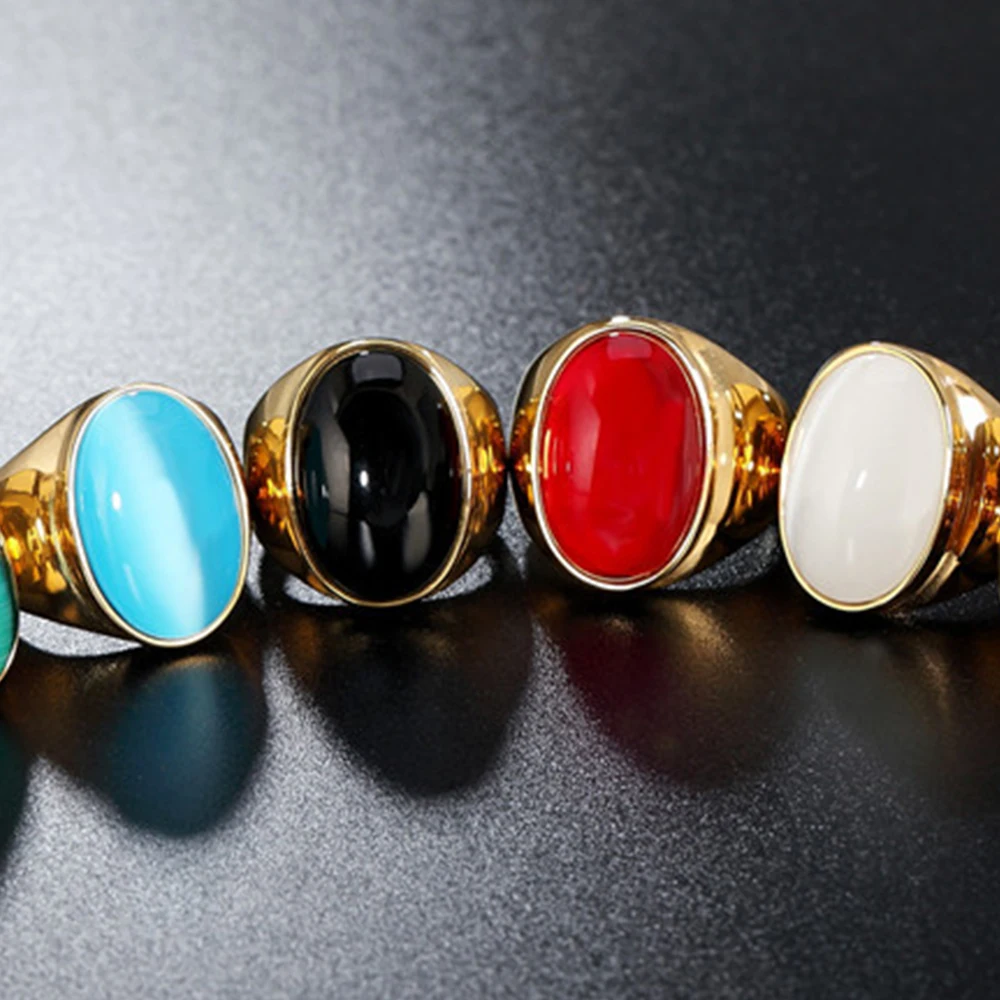 Luxurious Retro 316L Stainless Steel Oval Natural Stone Black Agate & Tiger Eye Stone Men Women Trendy Ring Fashion Jewelry