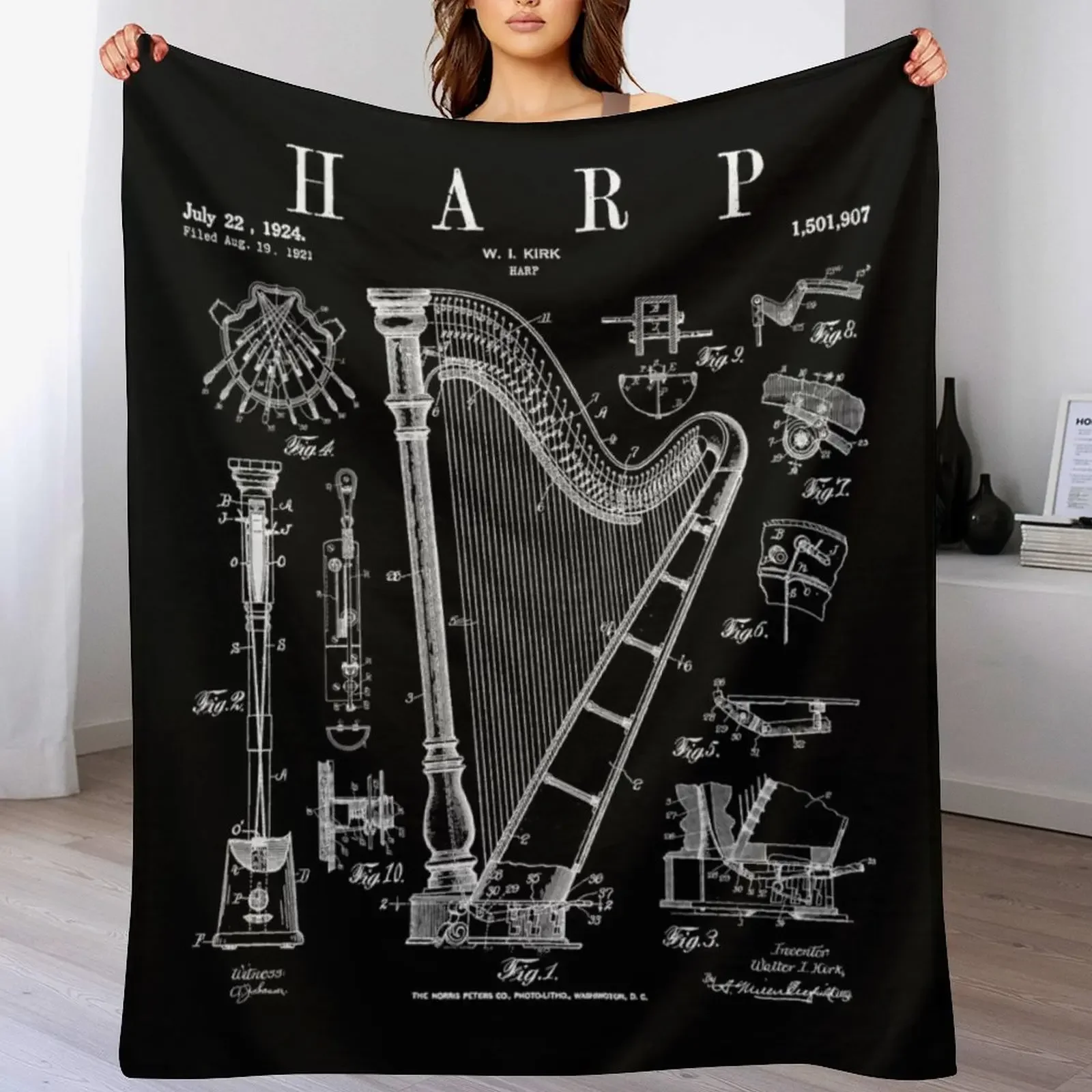 Harp Vintage Patent Harpist Drawing Print Throw Blanket Multi Purpose Soft Warm Blanket for Home Travel
