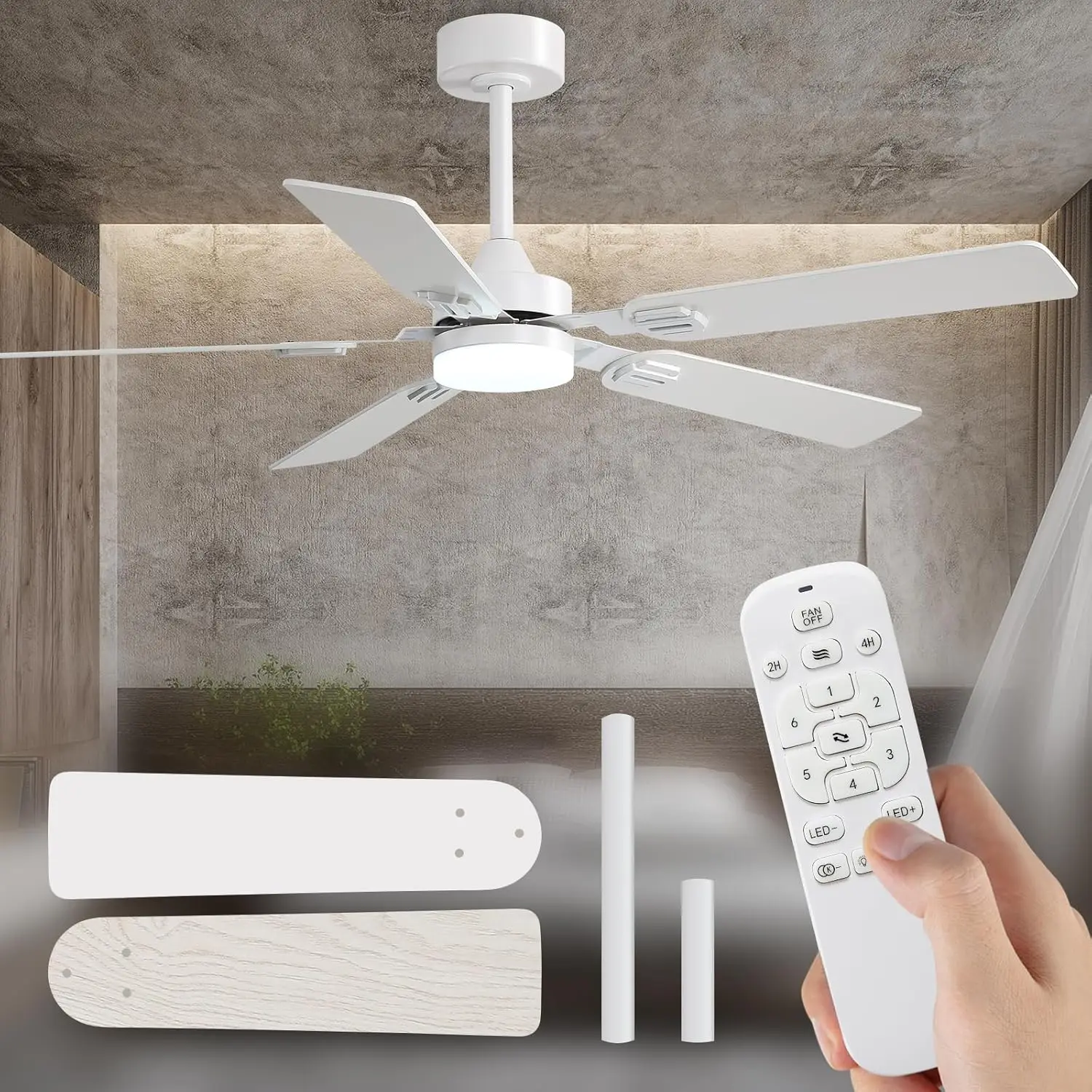 52 Inch Ceiling Fans with Lights and Remote Control,Reversible Ceiling Fans with Dimmable LED Lights and Remote DC Motor 6Speeds