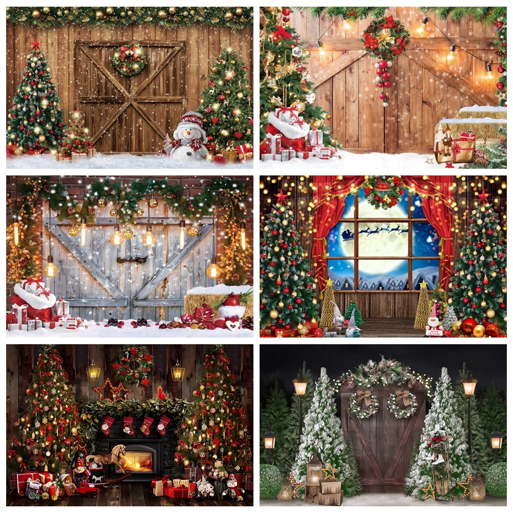 

Christmas Backdrop 2023 Xmas Window Fireplace Wood Door Winter Baby Family Party Decor Photography Background Photo Studio Props