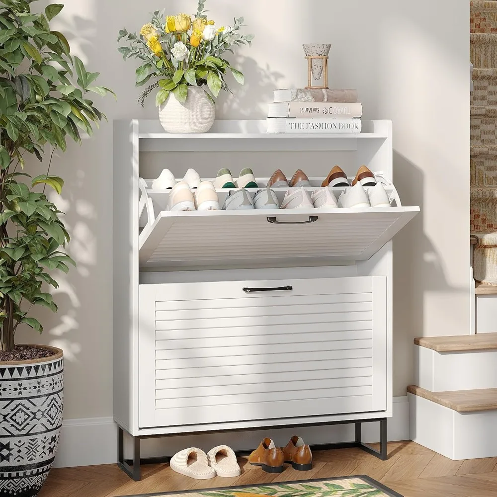 

Shoe Storage Cabinet with 2 Flip Louvered Doors, Freestanding Organizer with Metal Legs, Shoe Cabinet for Entryway, Narr