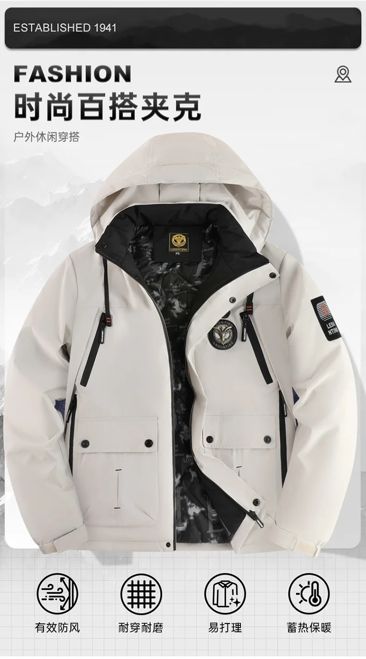 High-End Men's Winter Hooded down Jacket Windproof Warm Thick White Duck down Outdoor Top for Cold Weather