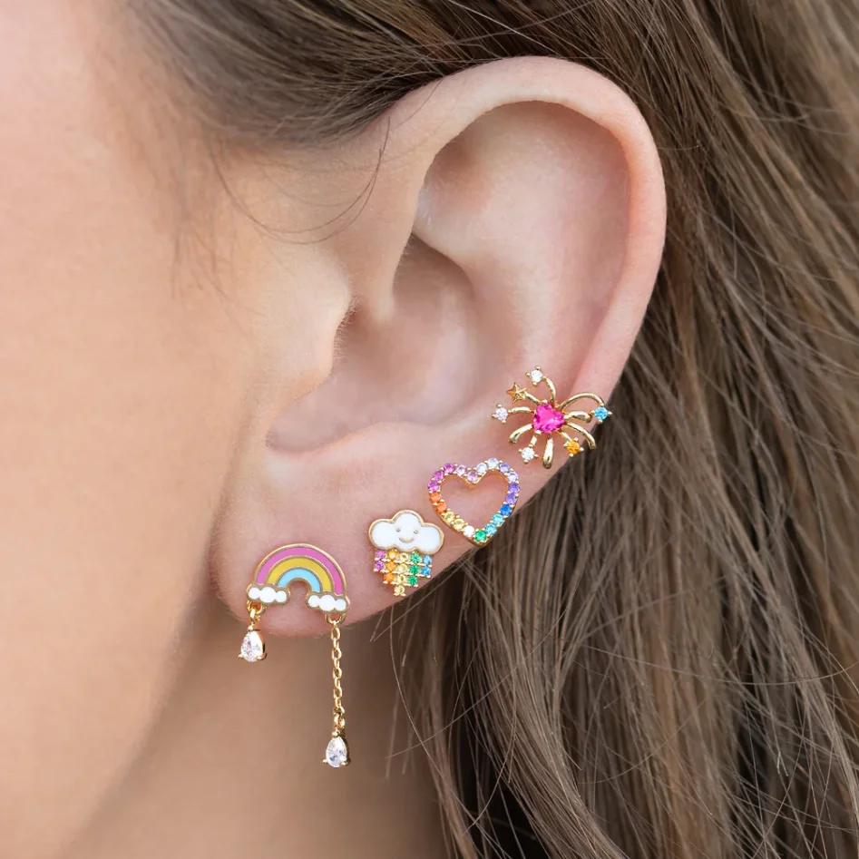 New Ins Colorful Zircon Cute Videogame Style Rainbow Clouds Heart Letters Stud Earrings For Women Girls Sweet Jewelry