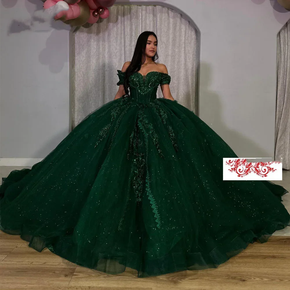 

ANGELSBRIDEP Luxury Emerald Green Quinceanera Dresses Crystals Beading Applique Vestidos De Xv Años Birthday Party Prom Gown