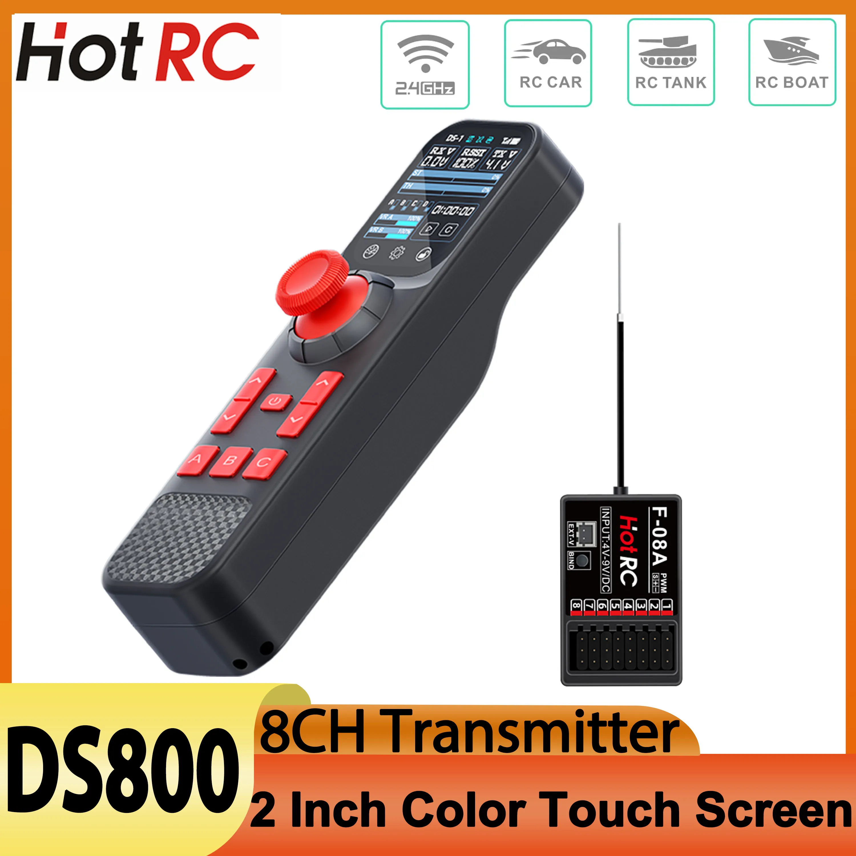 

HOTRC DS-800 DS800 8CH 2.4G Radio System Transmitter Touchable Color Screen Remote Control F-08A F-08AT Receiver for RC Boat Car
