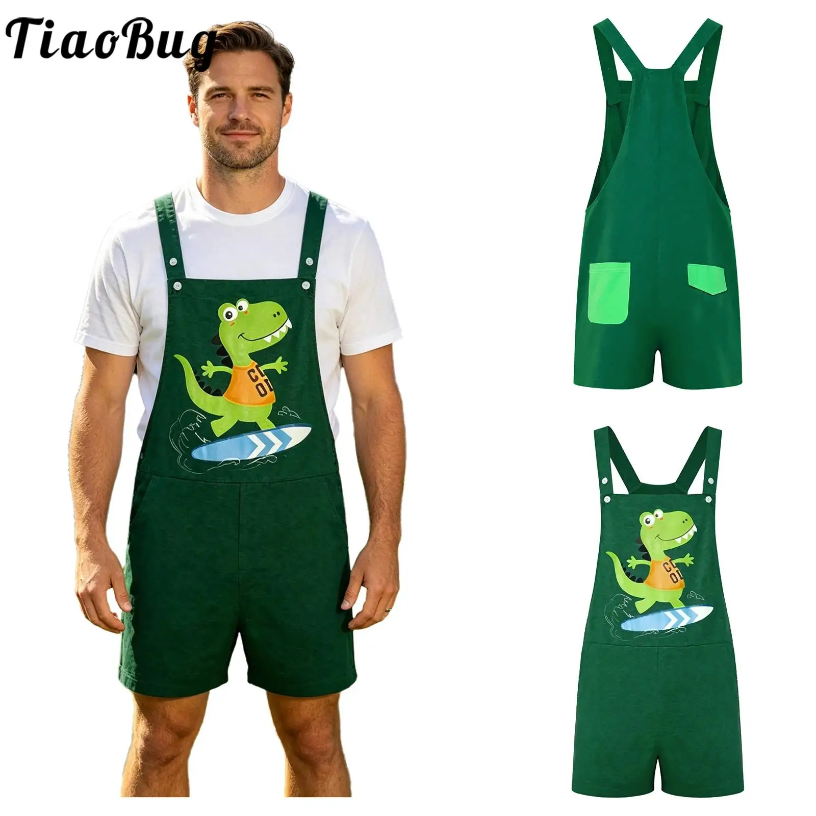 Men Casual Cartoon Dinosaur Printed Overalls Pajamas Lingerie Color Block Pockets Adjustable Straps Bib Shorts Rompers Sleepwear