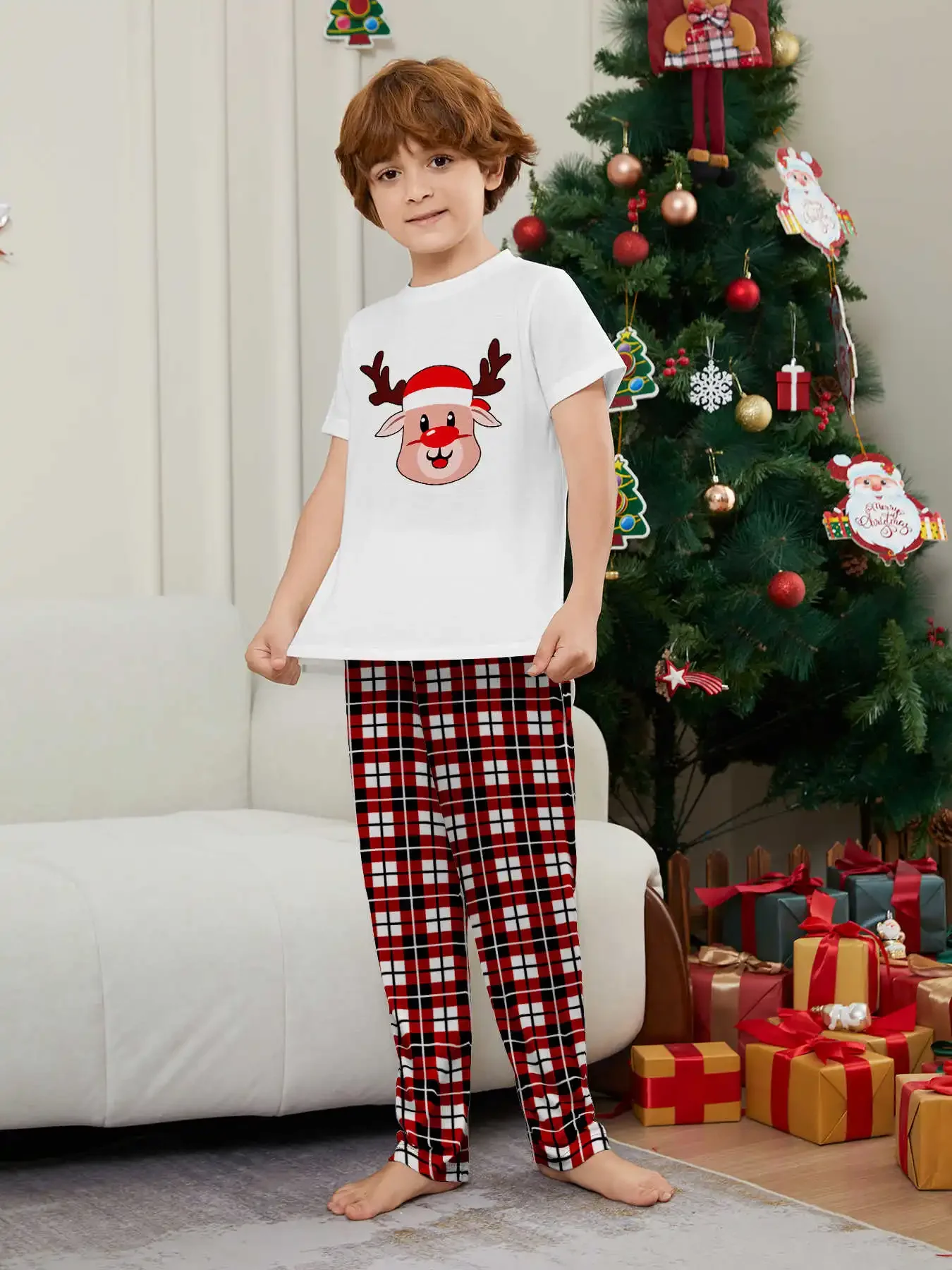 Cute Elk Print Family Christmas Pajamas Set Short Sleeve O Neck Top+Long Pants 2 Pieces Suit Casual Soft Sleepwear Xmas Look Pjs