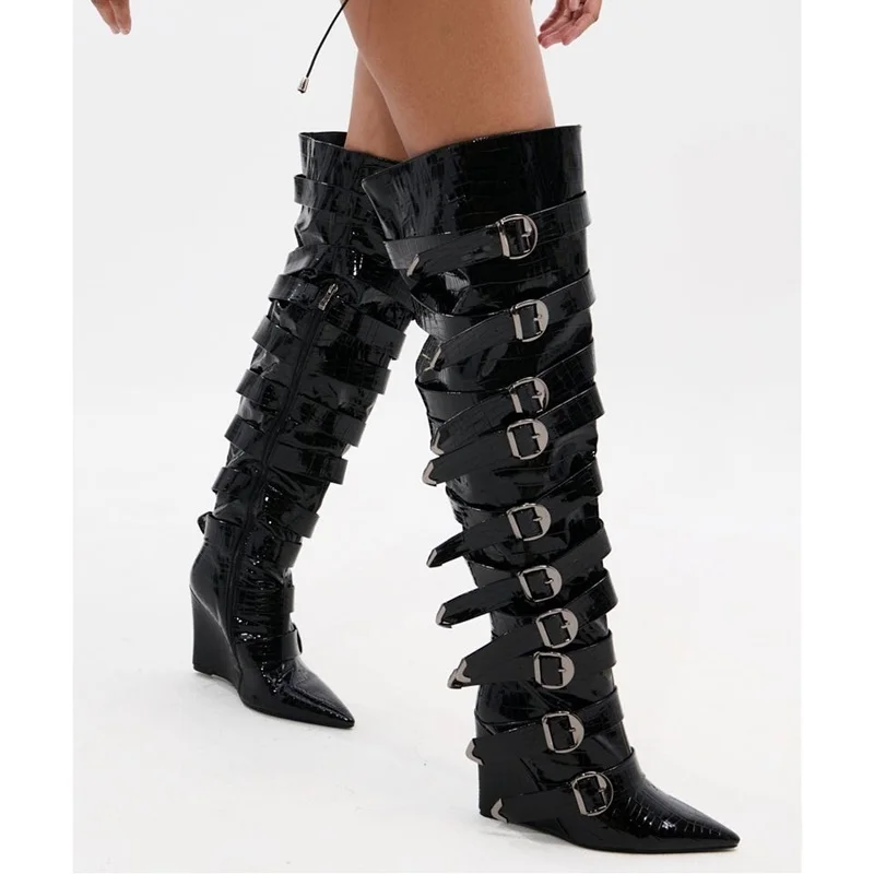 

Сапоги выше колена на танкетке с металлической пряжкой, сексуальные сапоги с острым носком, новые поступления по индивидуальному заказу, модные женские современные ботинки