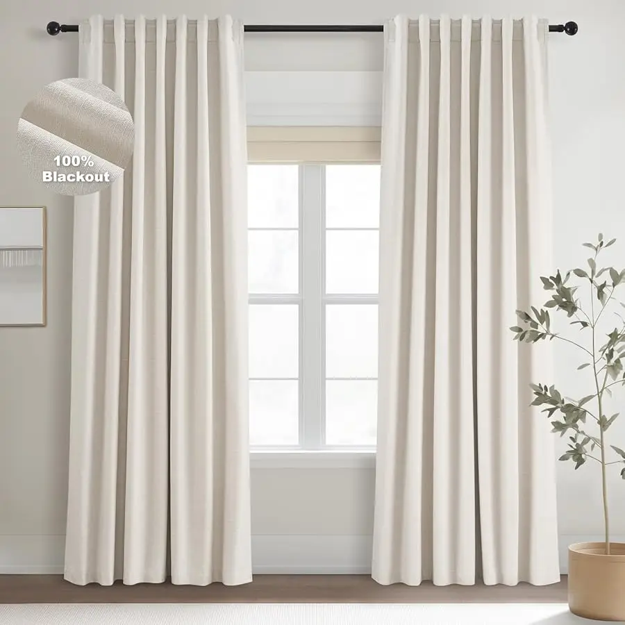 

Linen Blackout Curtains 96 Inch Long, Boho Farmhouse I ory Birch iral Drapes Pinch Pleated Curtains with Hooks for Li ing Room,