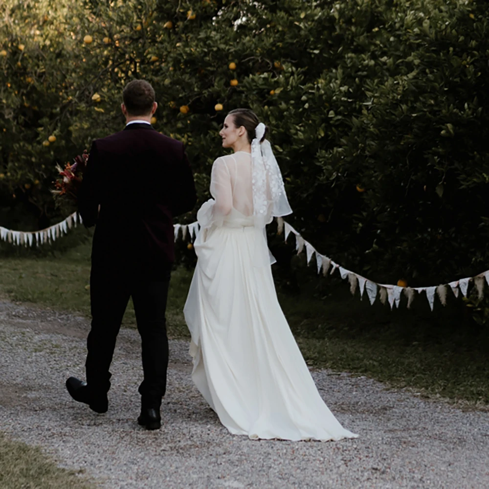 A Line Transparent Long Puffy Sleeve Wedding Dress Custom Made Spaghetti Straps Chiffon Rustic Elopement Classic Bridal Gowns