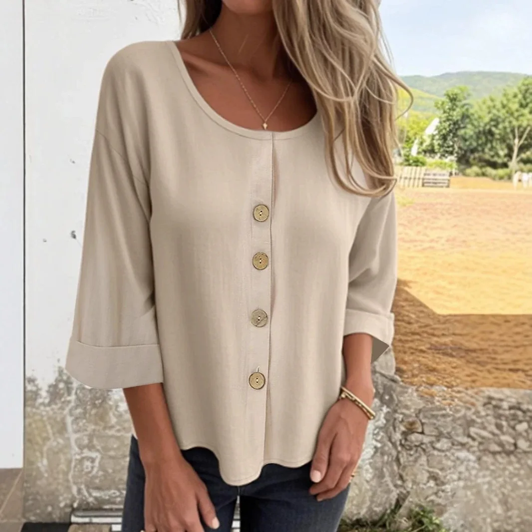 Lady Cloth New Loose-fit T-shirt For Women, Circular Neck, Cotton And Lines Blend,   With Buttons, Open-front Shirt Style Elegan