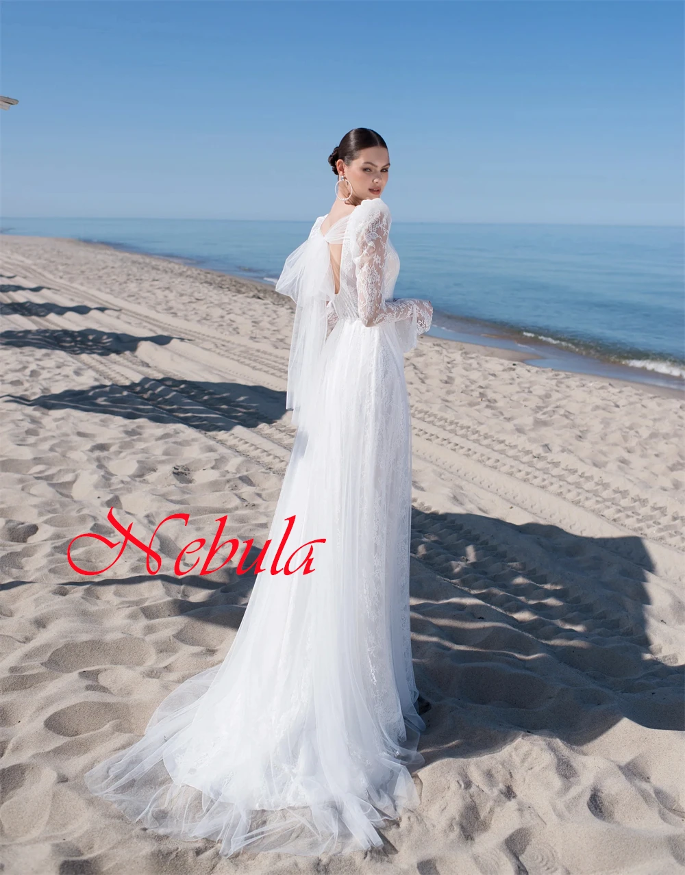 

Customized Exquisite White Organza Wedding Dress High Quality V-Neck Long Sleeves Lace Up Back Chapel Train Bridal Gowns