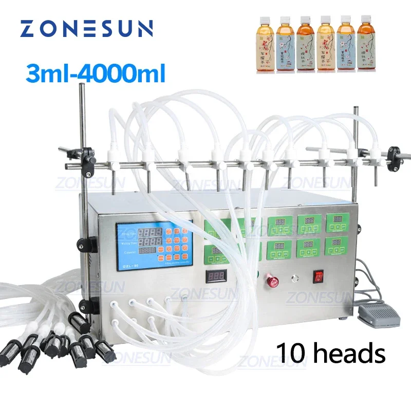 ZONESUN Electric Digital Control Pump Liquid Filling Machine 3-4000ml For Liquid Perfume Water Juice Essential Oil With 10 Heads