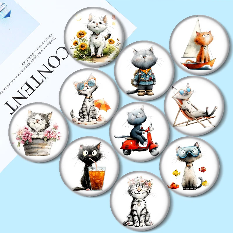 Watercolor Cat Summer 12/18/20/25mm glass cabochon  bracelet pendant rings for jewelry demo earrings back Making findings