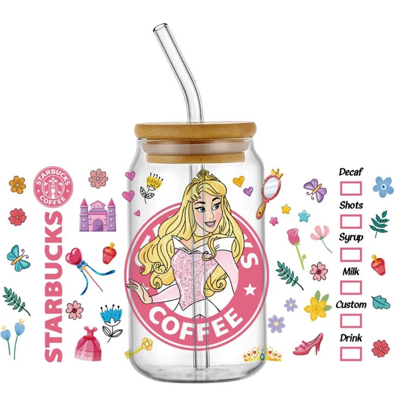 Miniso Disney Princess 16OZ 3D UV DTF Stickers Waterproof Transfers Decals Selfadhsive For Libbey Glass Can