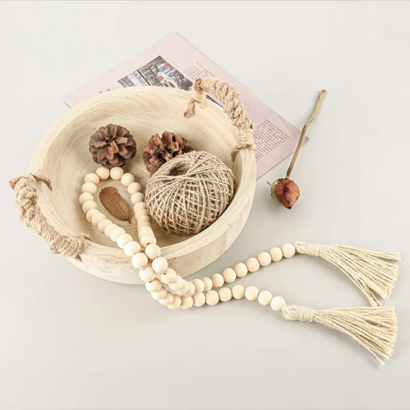 

Paulownia Wood Dough Bowl,Serving Bowl with Rope Handles Bead Garland,Wooden Key Bowl for Tabletop Centerpiece Home Decor