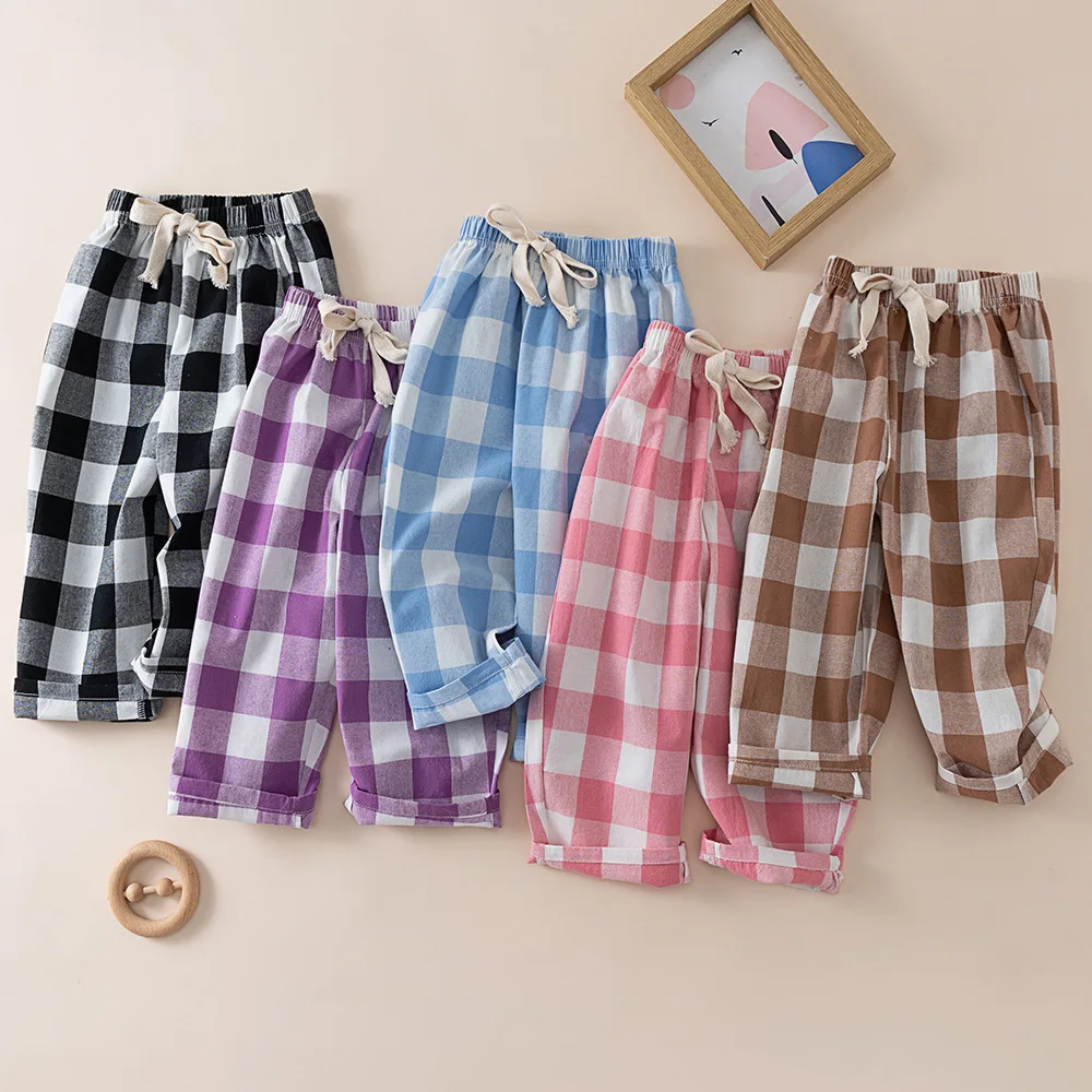 Ins UNITIM Summer Kids Girls Plaid Pant Loose Elastic Waist Children Girls Thin Outwear Pants Casual Breathable 2-8Yrs Girl Pant